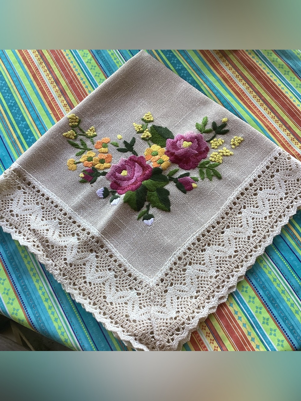 Vintage Embroidered Table Topper with Crocheted Trim - 33 x 33